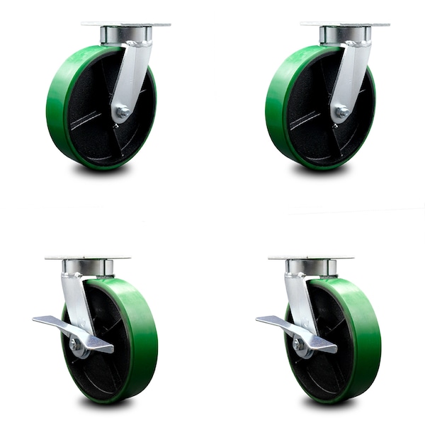 8 Inch Kingpinless Green Poly on Steel Wheel Swivel Caster Set with 2 Brakes SCC